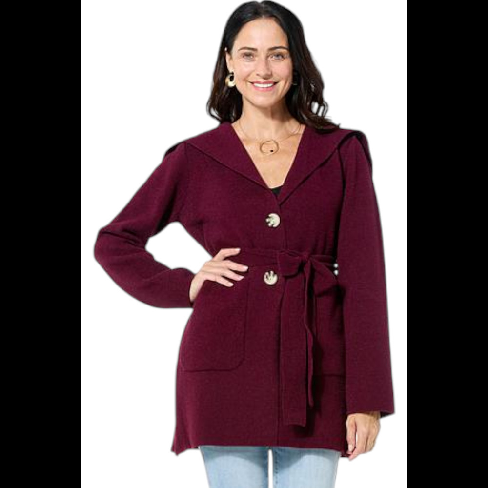 Nina Leonard Burgundy Hooded Tie-Waist Cardigan Sweater
